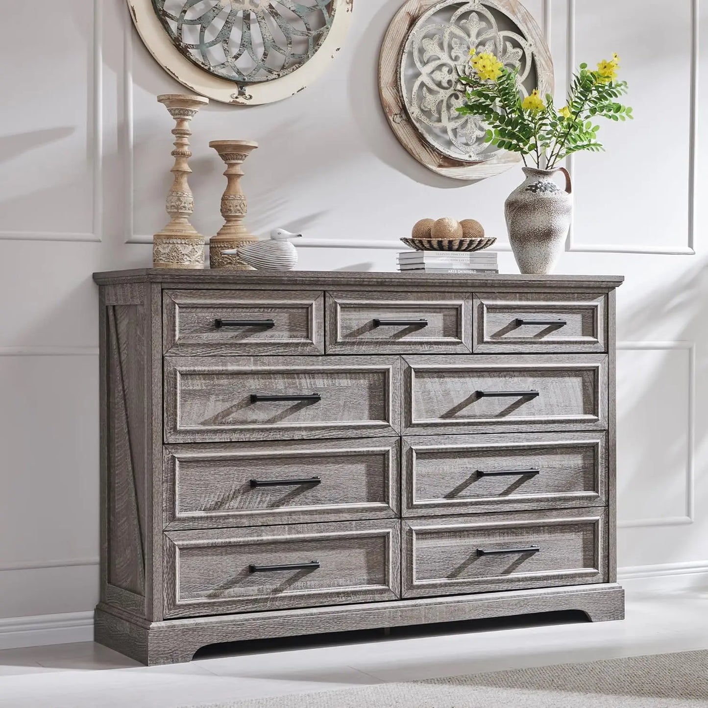 **** Farmhouse 9 Drawer Dresser Tall Modern Bedroom Storage Furniture