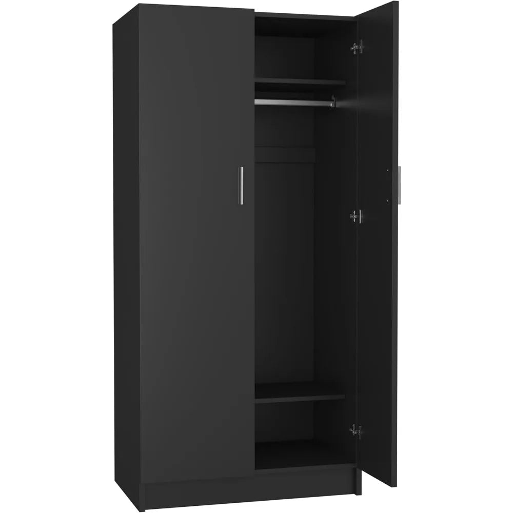 2 Door Wood Wardrobe Cabinet Closet with Hanging Rail and 2 Shelves, Bedroom Armoire for Storage