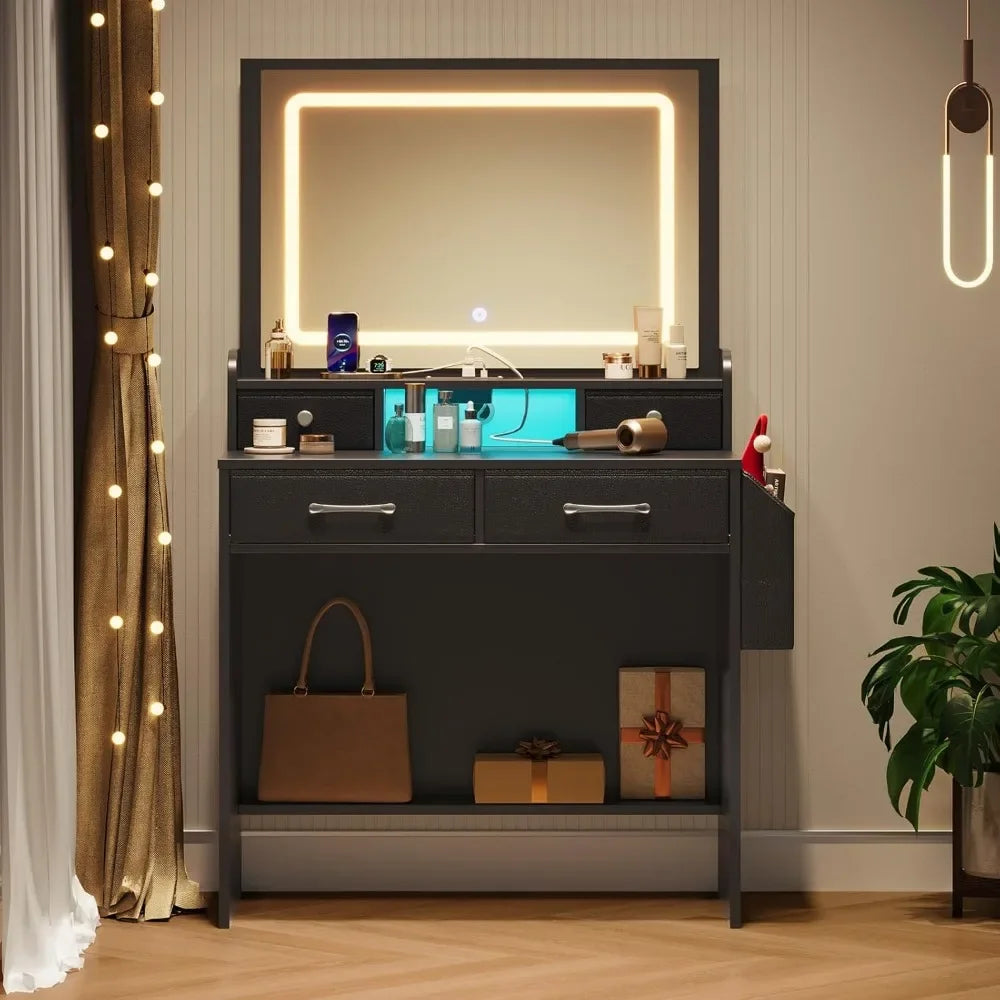 Ljustra Vanity Desk with LED Lighted Mirror and 4 Fabric Drawers