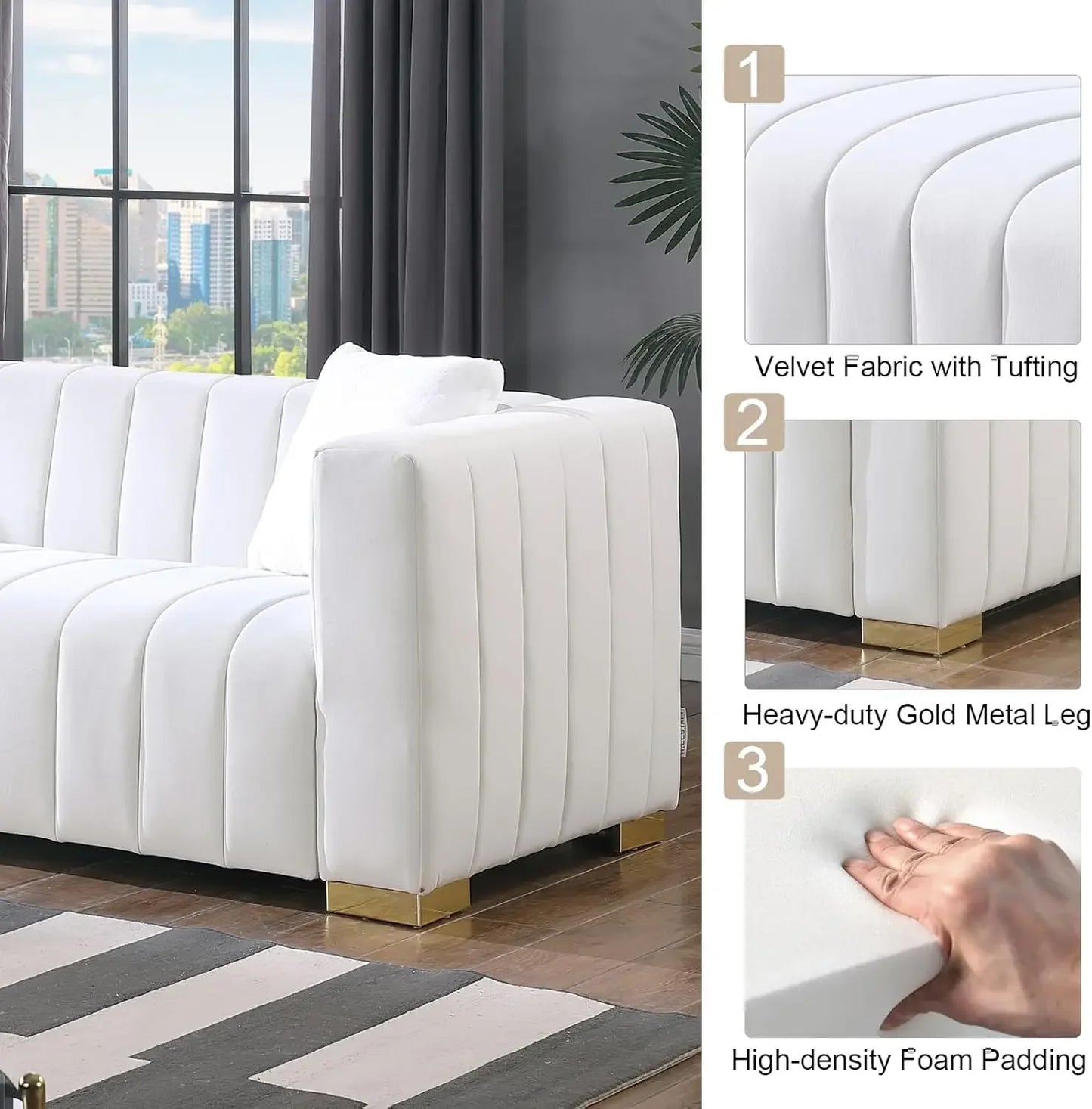 2-Piece Velvet Sofa Set White Tufted Couch & Loveseat with Pillows for Living Room