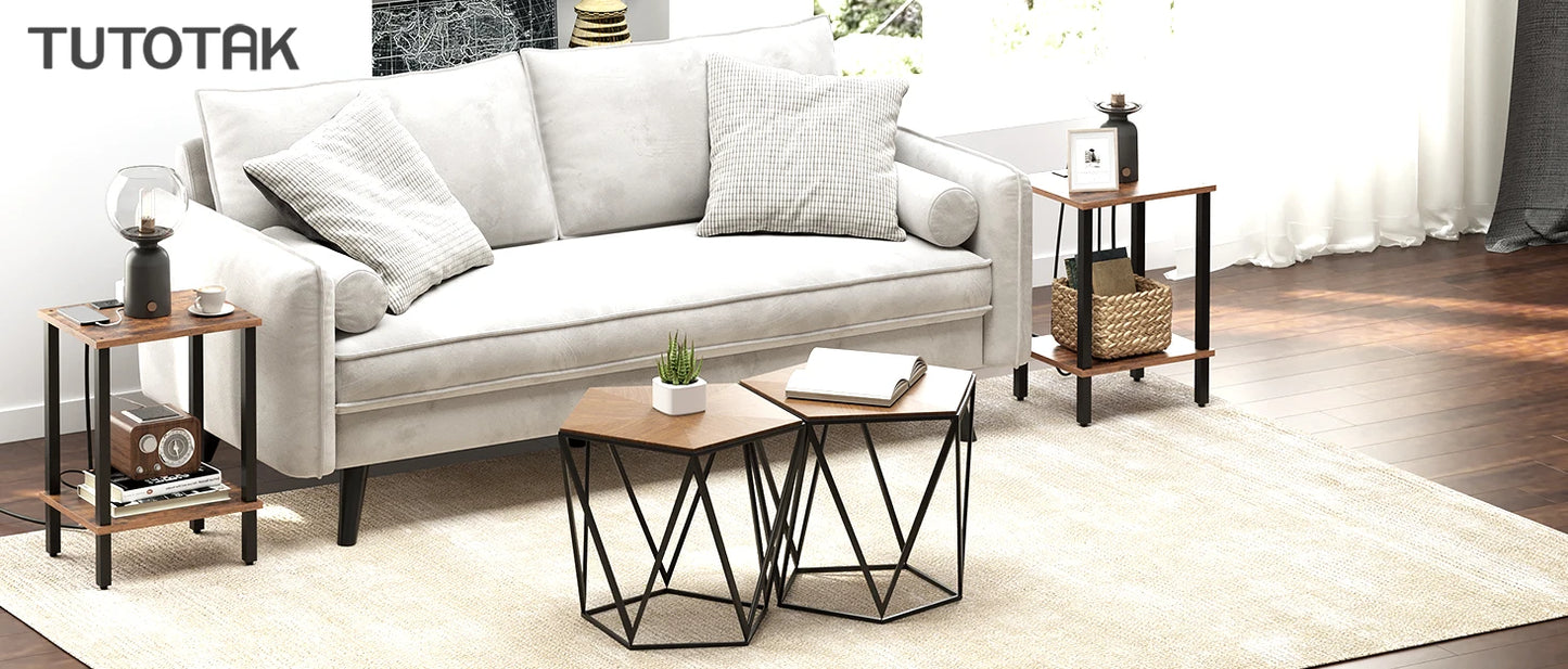C Shaped End Table Set with USB Ports for Sofa Couch Storage Bag