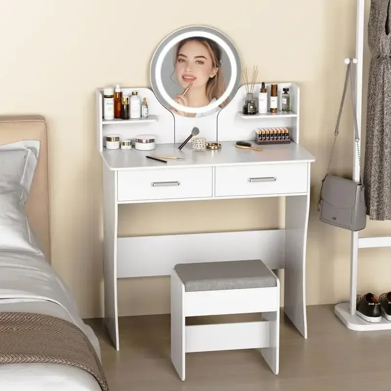 Vanity Desk with Mirror and Lights Makeup Table Set Storage Chair