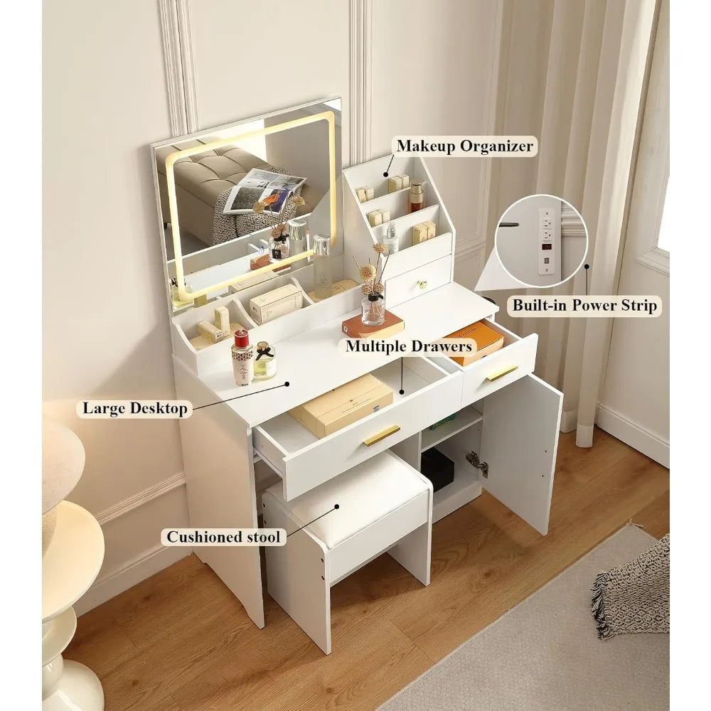 Ljustra Vanity Desk with Lighted Mirror and Makeup Organizer Comfy Chair