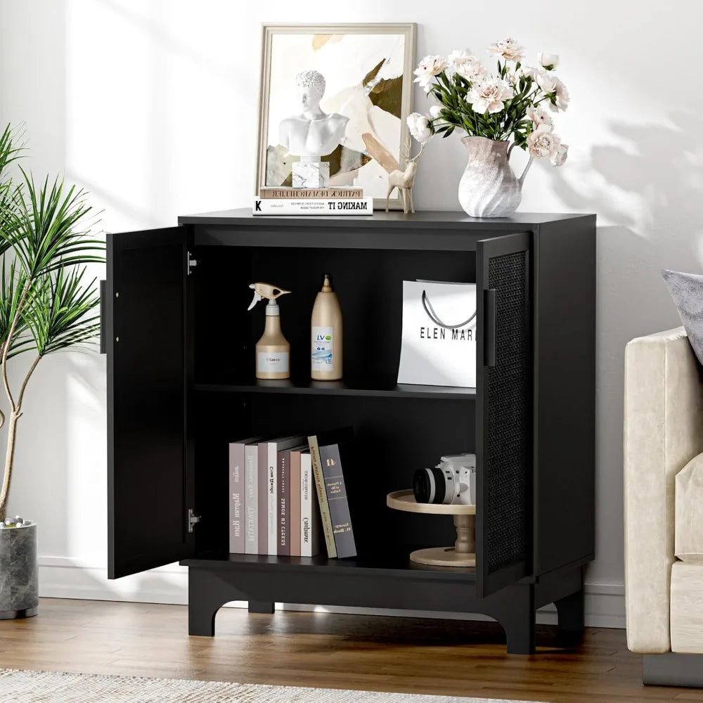 Black Rattan Storage Cabinet 2 Doors Adjustable Shelf Entryway Buffet