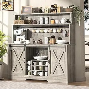 55 Inch Farmhouse Coffee Bar Cabinet with 12 Bottle Wine Rack
