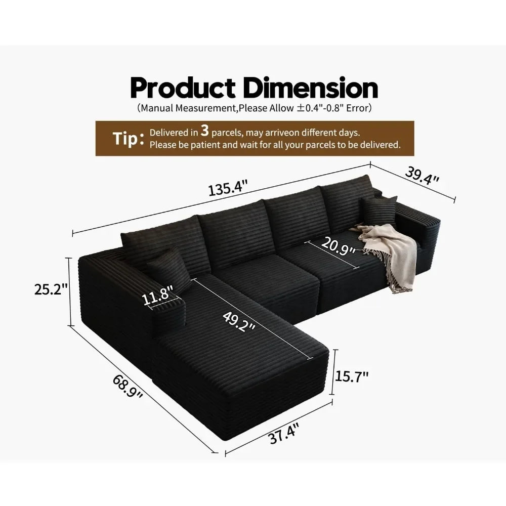 135” L-Shaped Modular Cloud Sectional Sofa Black Corduroy Couch w/ Chaise