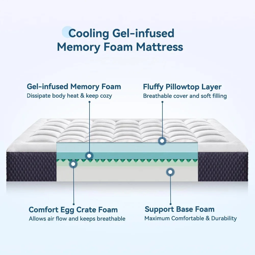 10 Inch Twin Mattress Gel Memory Foam Pillowtop Pressure Relief