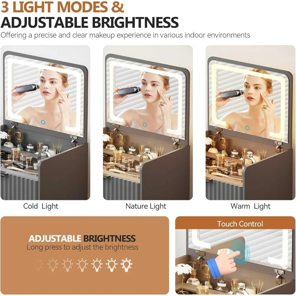 3in1 LED Vanity Set Compact Flip-Top Mirror Makeup Desk Storage