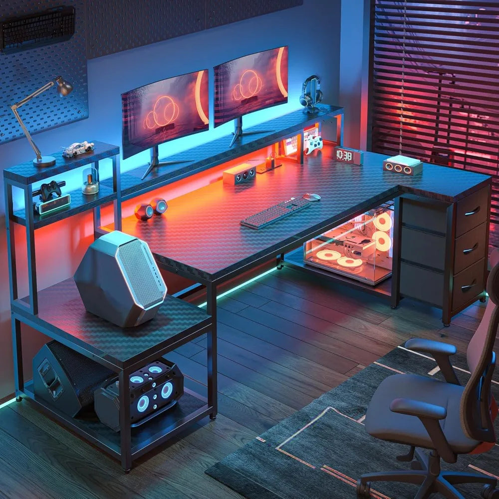 L Shaped Gaming Desk with LED Lights and 3 Drawers Reversible Workstation