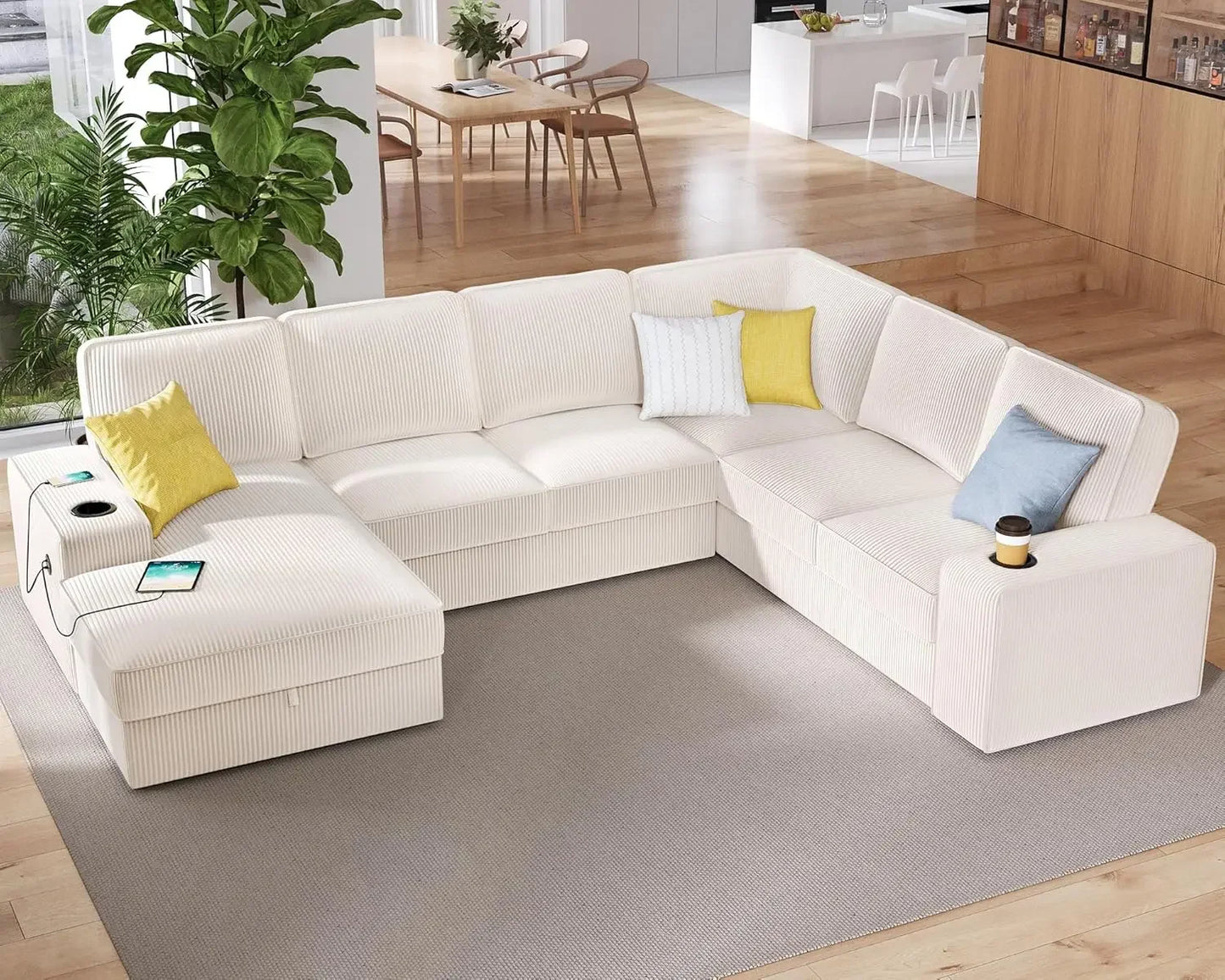 112 Inch U Shaped Sectional Sofa with USB Ports and Storage Chaise