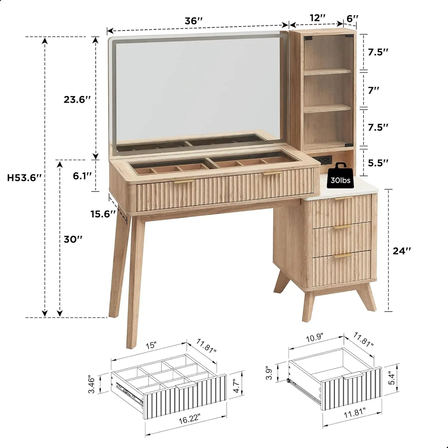 48 Inch Fluted Makeup Vanity Desk with Mirror Lights and 5 Drawers
