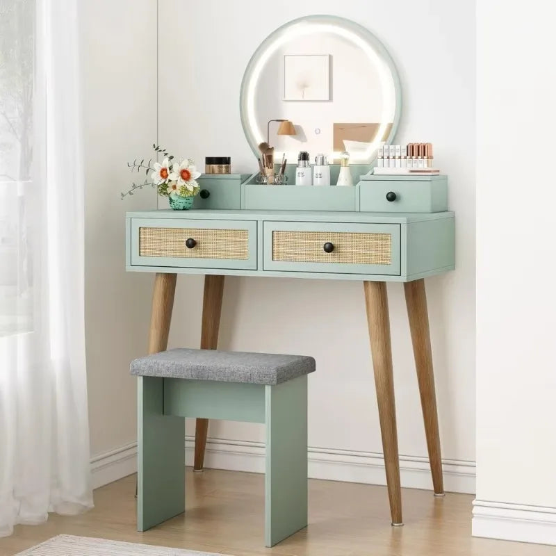 31 Inch Boho Natural Rattan Vanity Desk Set with Lighted Mirror and Stool