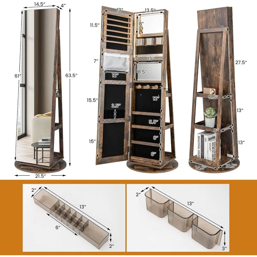 Rotating Lockable Jewelry Cabinet Full Length Mirror Storage Organizer