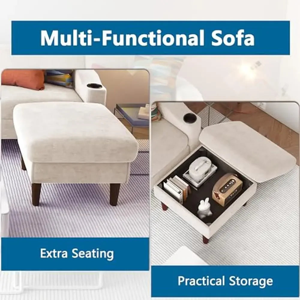 Modern L-Shape Sofa Sectional Couch with USB Port and Storage Ottoman