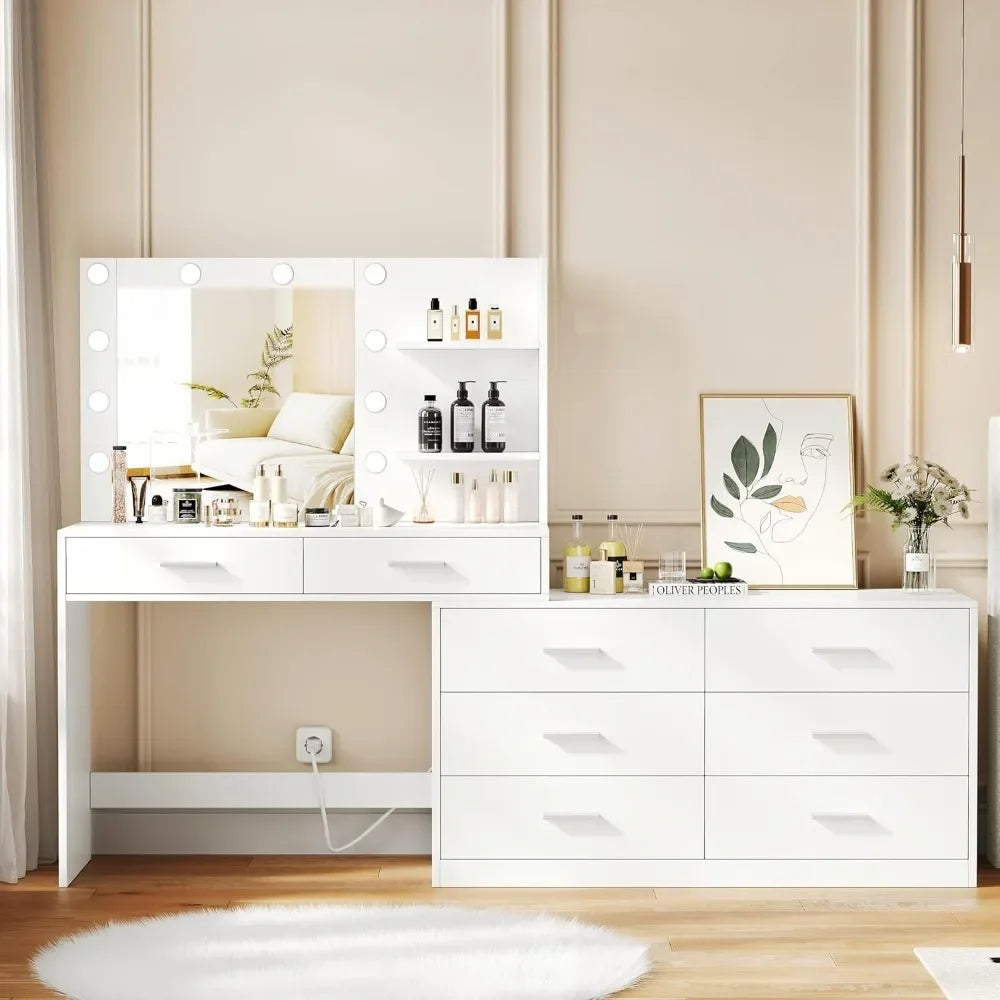 Ljustra 65 Inch Vanity Desk Lighted Mirror 8 Drawers Makeup Table