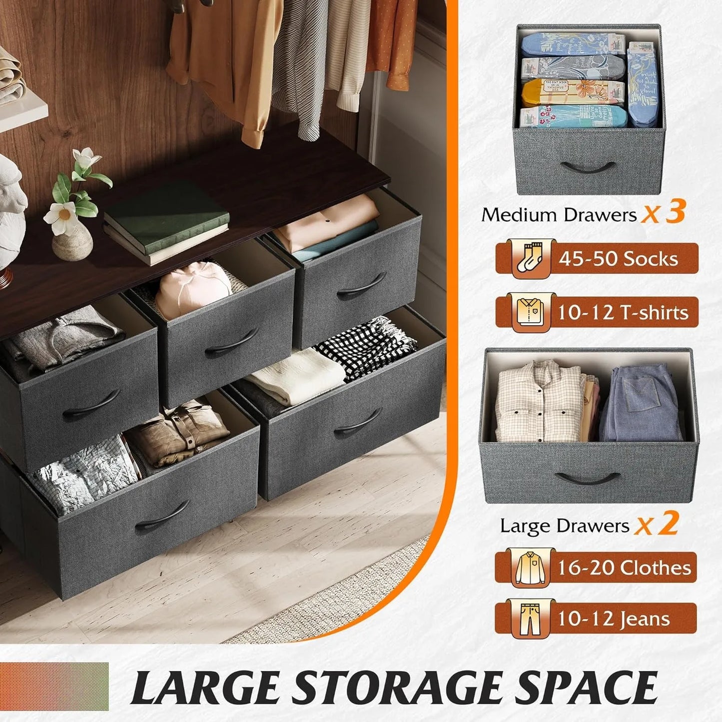 Dresser for Bedroom with 5 Drawers Storage Organizer Unit Fabric Bins