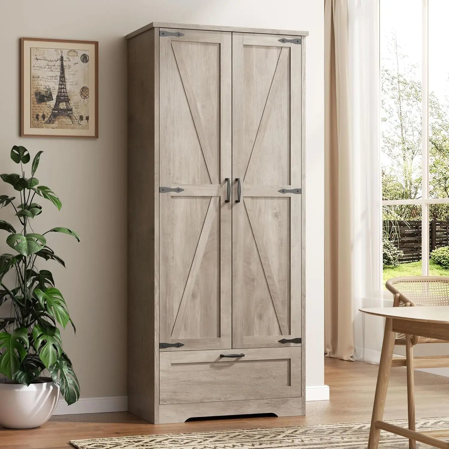 Kitchen Pantry Storage Cabinet Barn Doors 4-Tier Rustic Wood Cupboard
