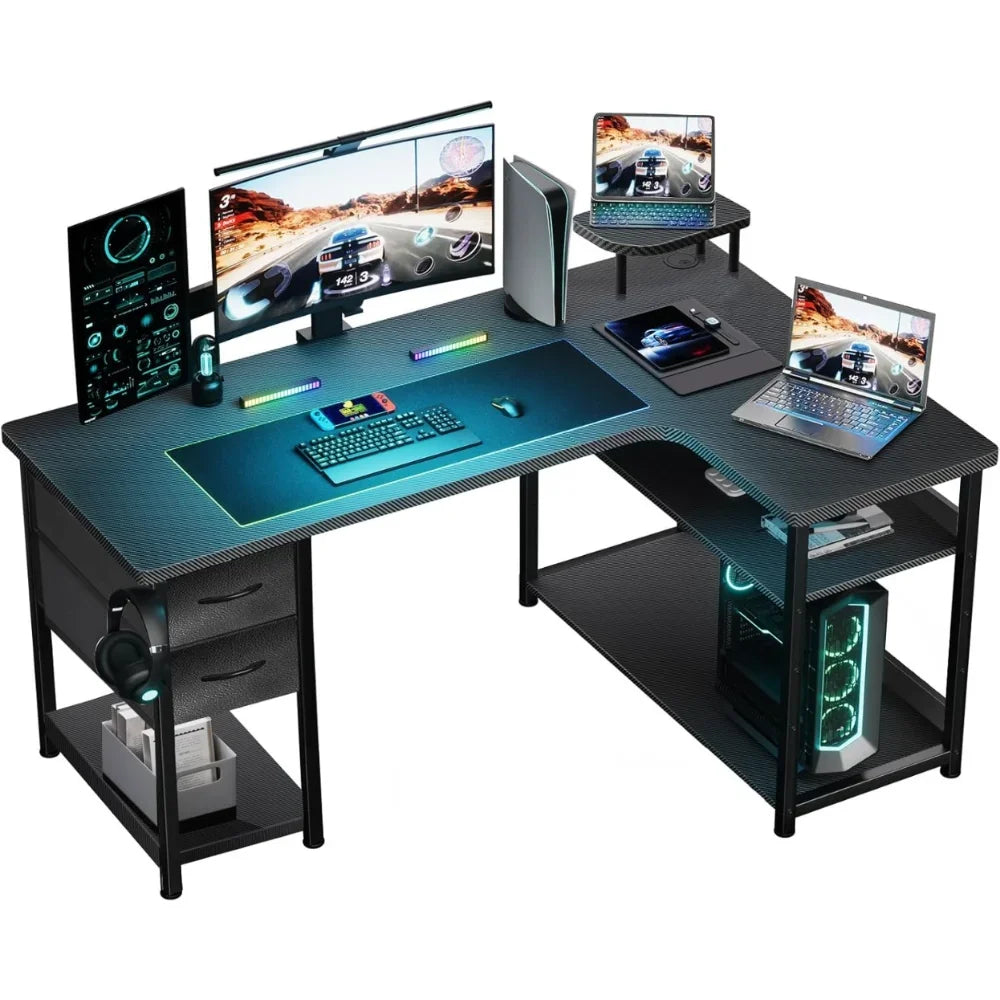 Gaming Desk L-Shaped Computer Desk with Drawers Monitor Arm Compatible