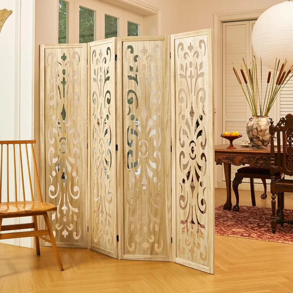 5.6Ft Room Divider Folding Wood Carved Partition Screen 4 Panels