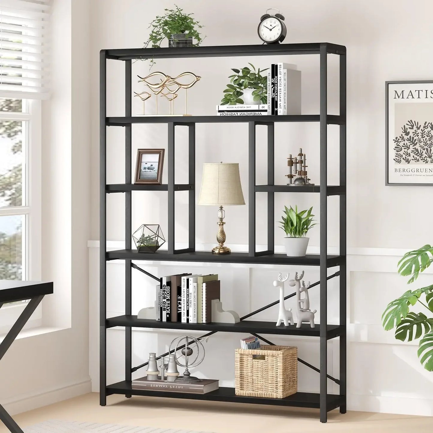 Tall Industrial Etagere Bookcase Modern Open 6 Tier Bookshelf Organizer