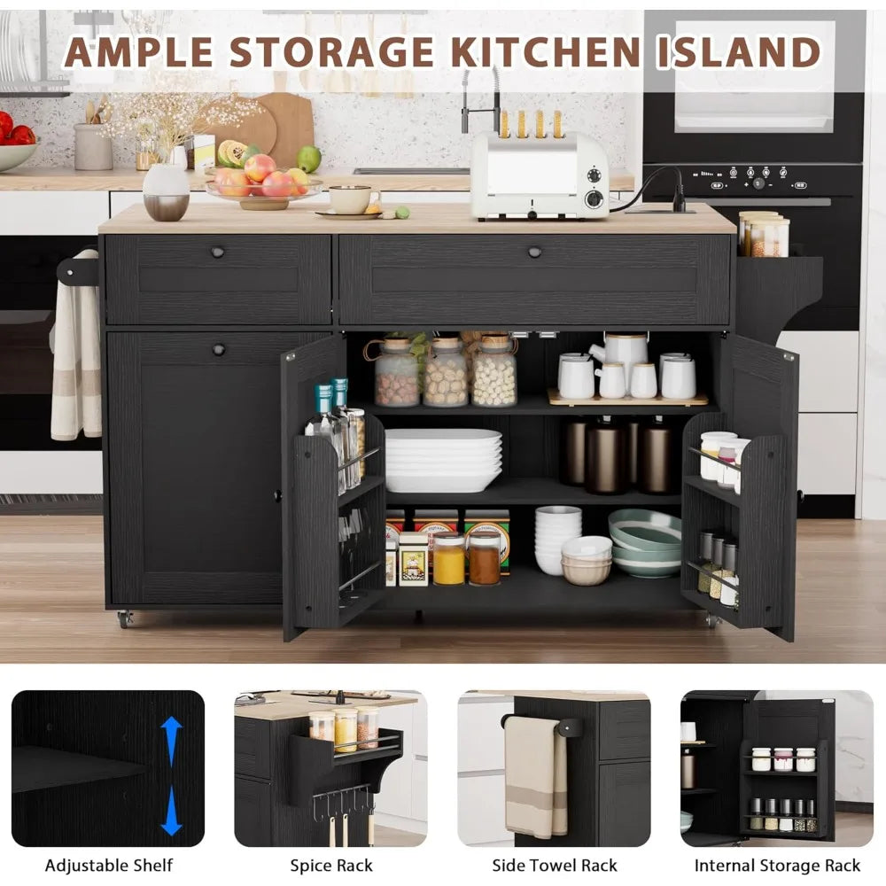 Kitchen Island with Storage on Wheels Drop Leaf Power Outlet Rolling Cart