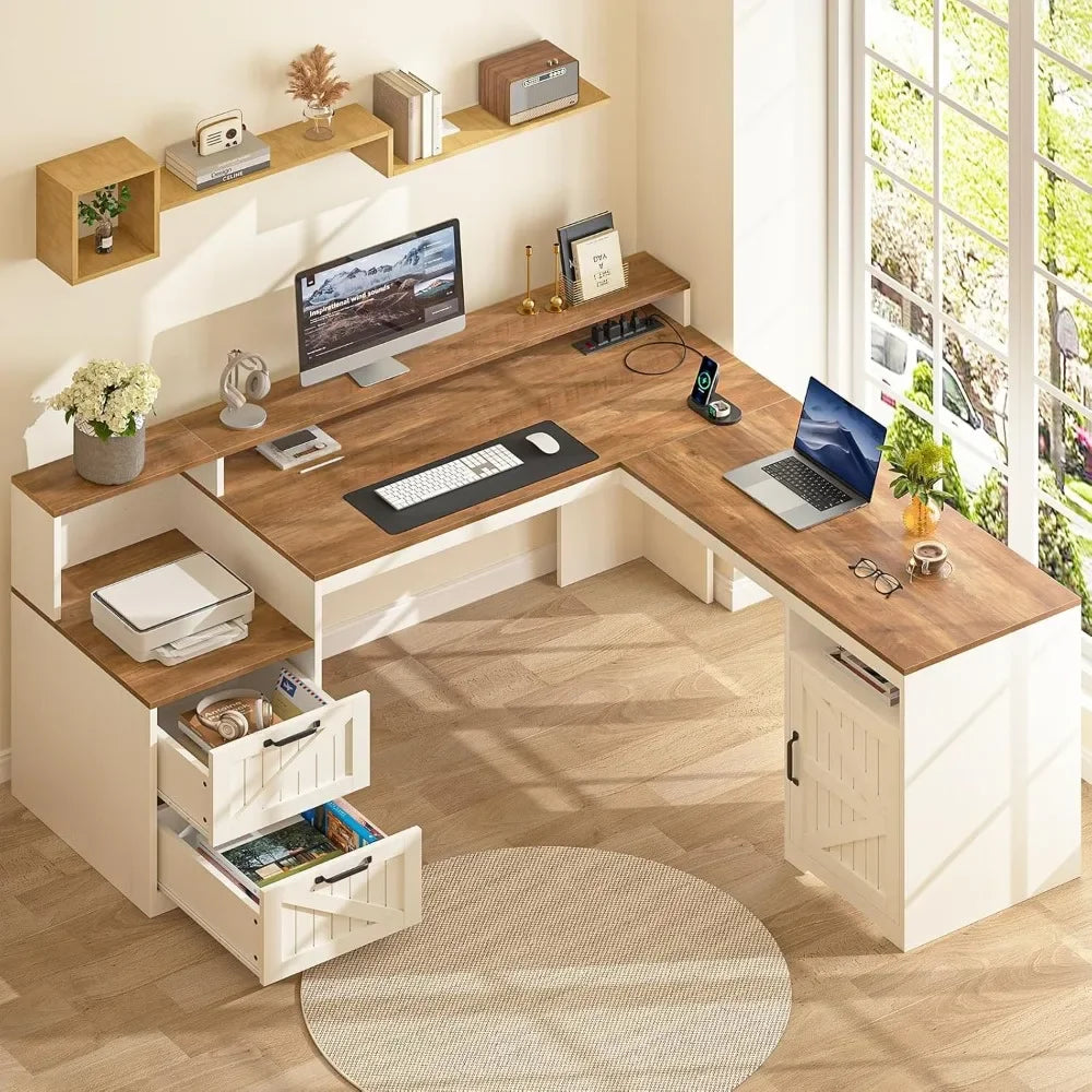 63 Farmhouse L Shaped Executive Desk with Storage and Power Outlets