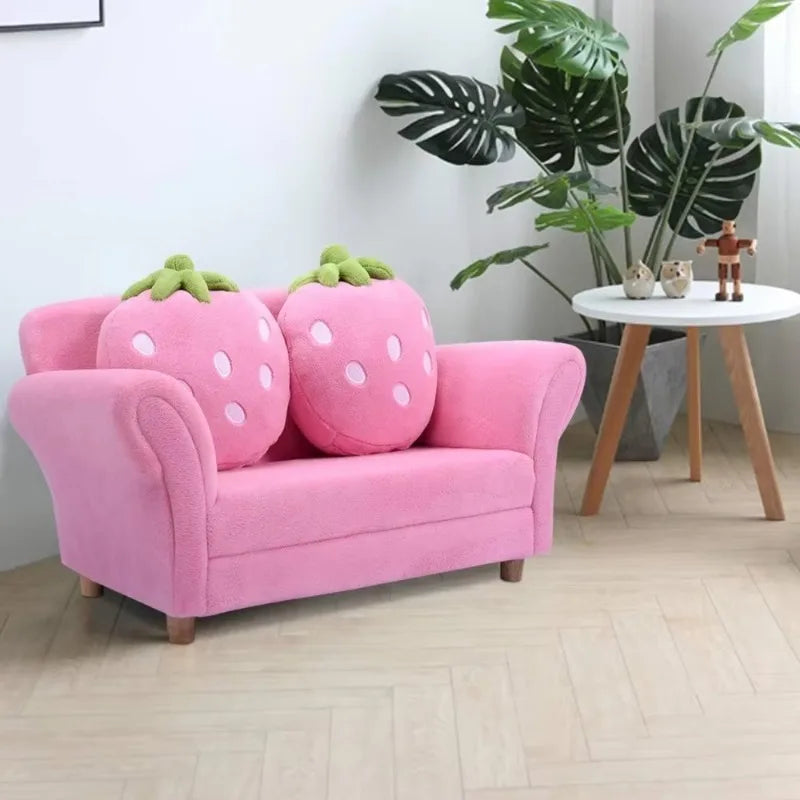 Ljustra Pink Double Seat Sofa with Strawberry Pillows for Kids