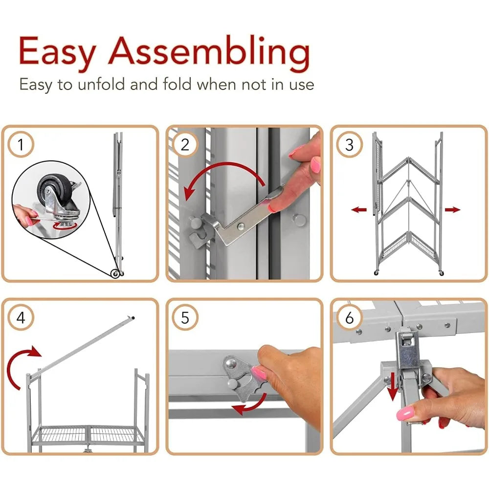Heavy-Duty 4-Tier Steel Storage Rack Foldable with Locking Wheels