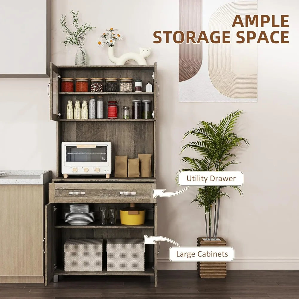 67 Inch Modern Pantry Storage Cabinet with Glass Doors and Adjustable Shelves