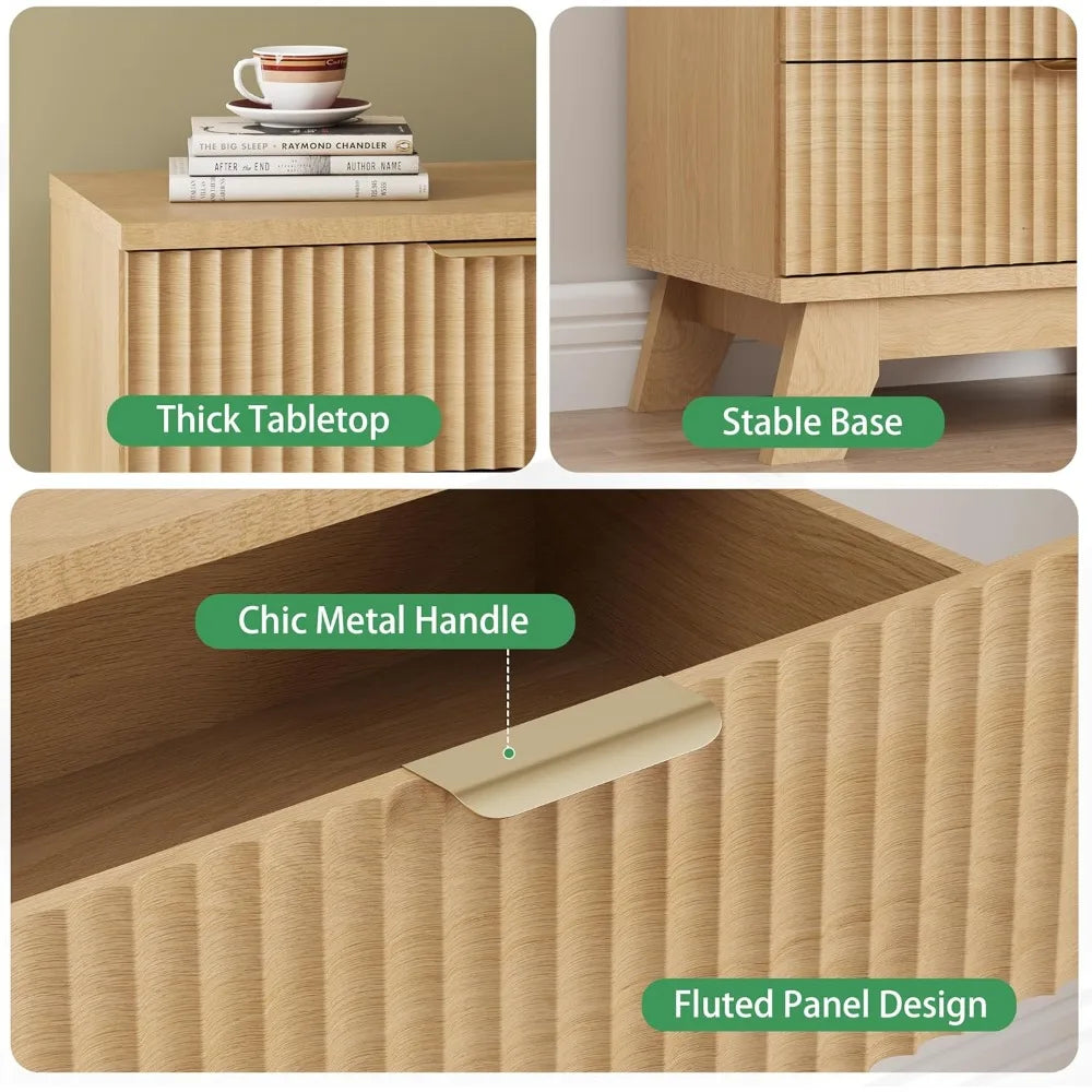 Fluted Nightstand Modern Side Table with 3 Storage Drawers