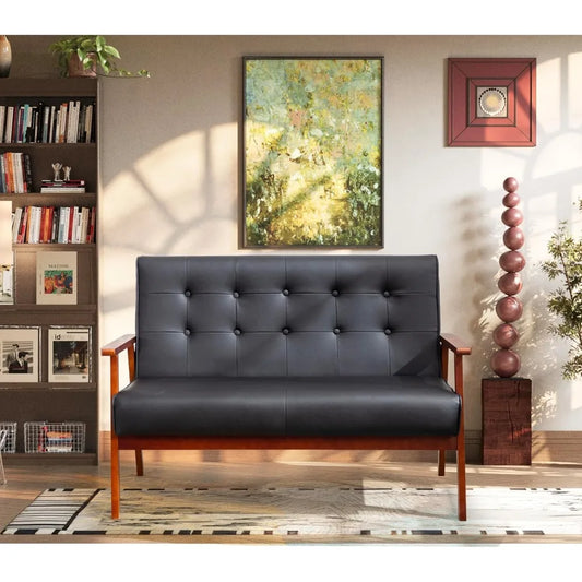 Black Small Leather Couch Mid Century Loveseat Office Booth Seating
