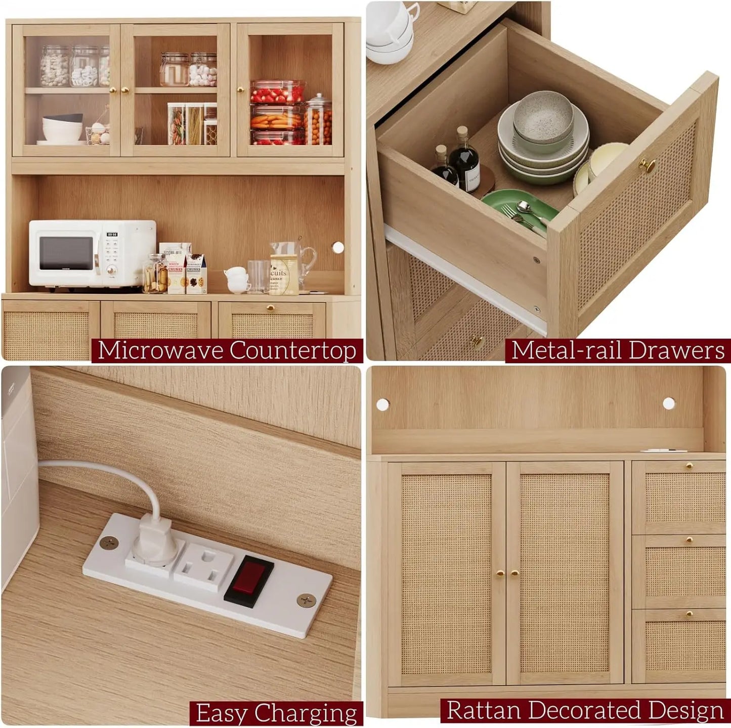 Kitchen Pantry Hutch with Microwave Stand Boho Storage Cabinet