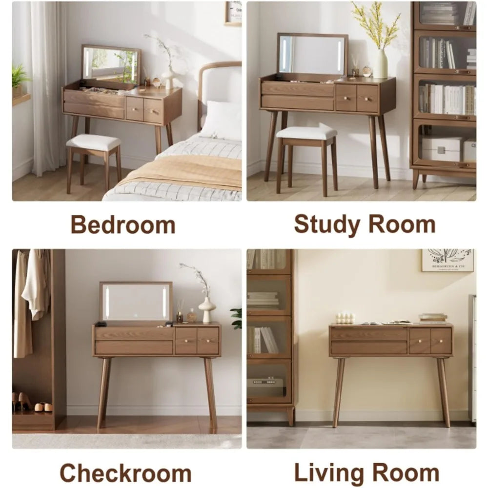 Makeup Vanity Desk with Mirror 3 Lighting Modes Solid Wood 4 Drawers