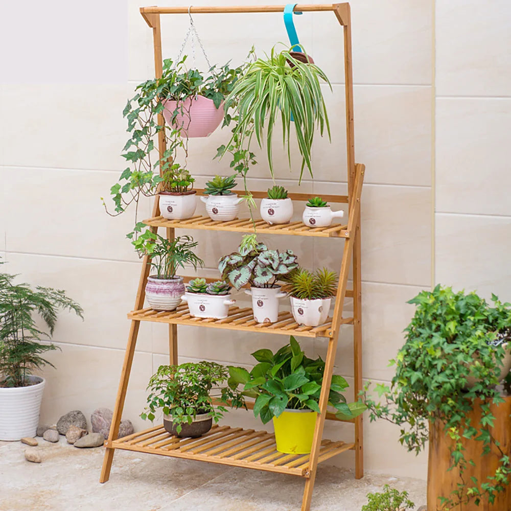 3 Tier Folding Bamboo Plant Stand Indoor Outdoor Multi Use Rack