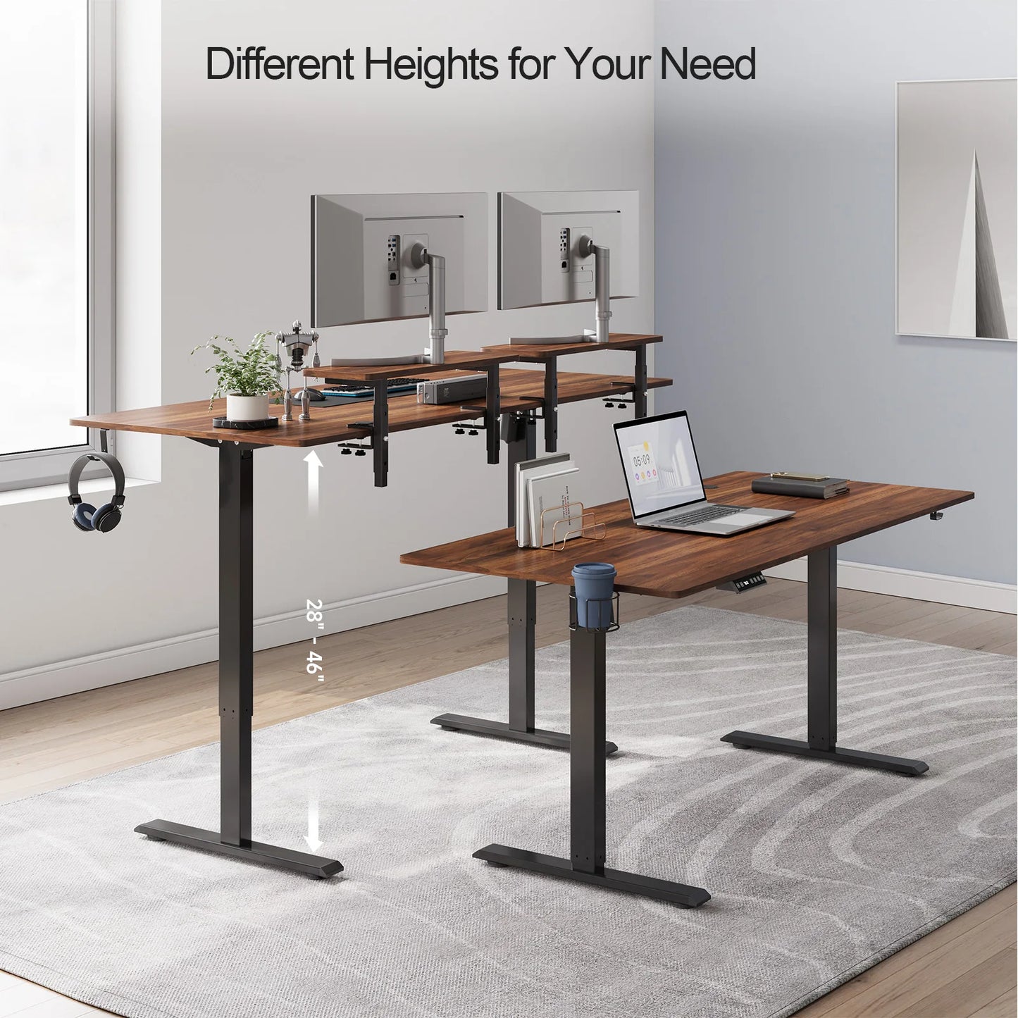 Electric Standing Desk with Adjustable Monitor Shelves and Memory Controller