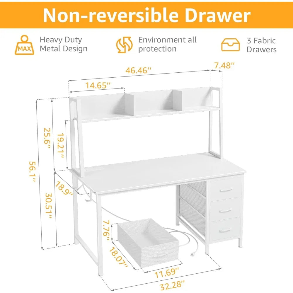 Modern White Computer Desk with Hutch Storage and Power Outlets