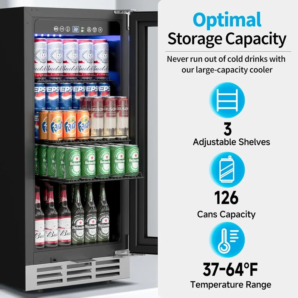 15 Inch Beverage Refrigerator Under Counter 126 Cans Built-in Fridge