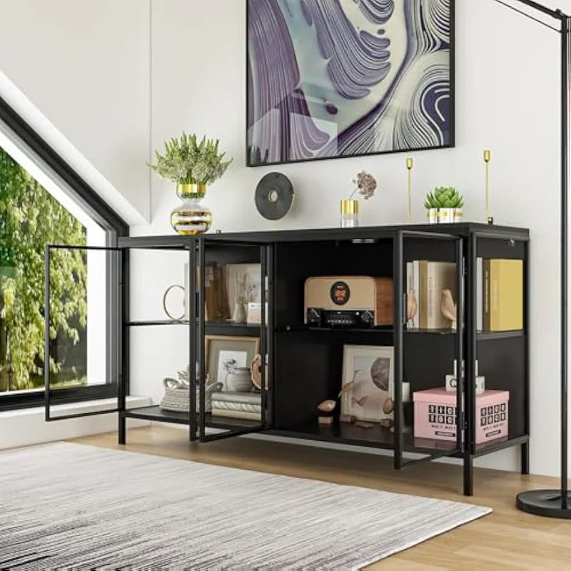 Modern Glass Shelves Sideboard Buffet Storage Cabinet with Metal Legs
