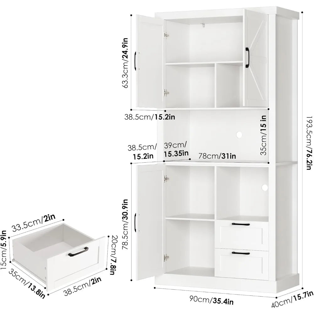 76 Inch Tall Farmhouse Kitchen Pantry Cabinet Storage Hutch with Drawers