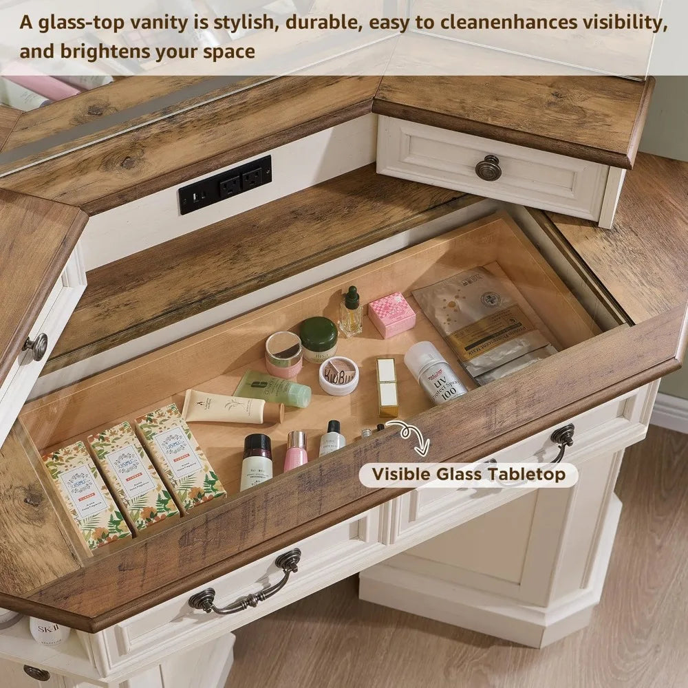 Makeup Vanity Desk with 3 Way Mirror Lights Farmhouse Dressing Table