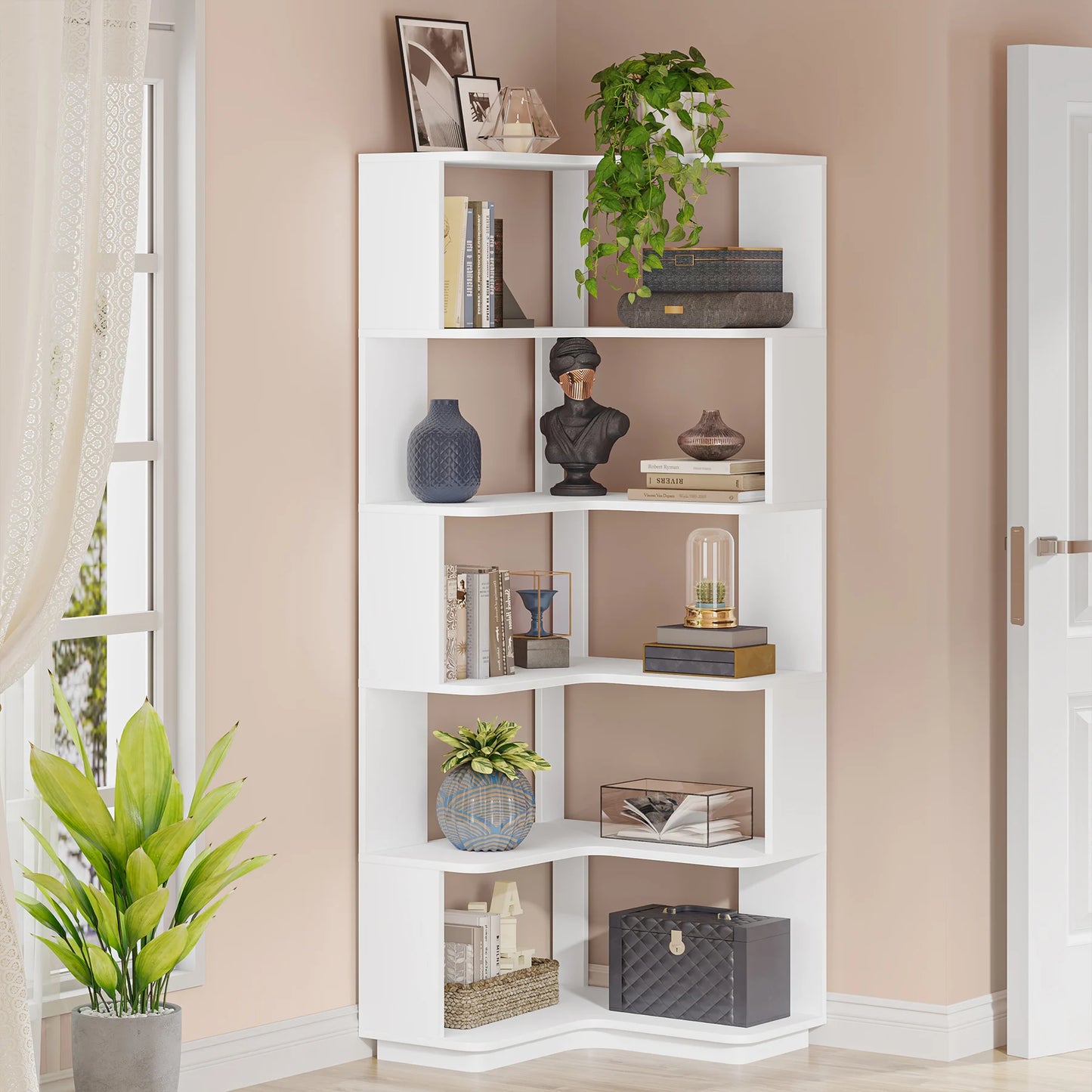 Ljustra 6 Tier Corner Bookshelf Industrial Wood Grain Bookcase