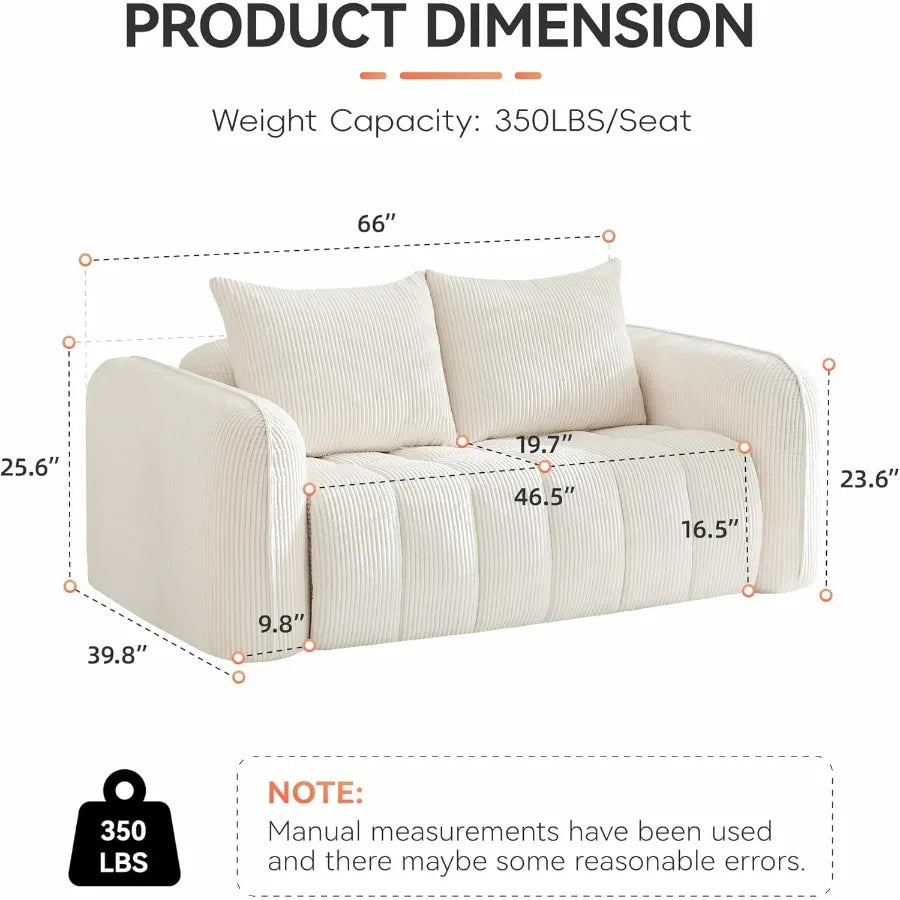 66in Boneless Corduroy Loveseat Sofa Tufted Deep Seat Couch for Living Room