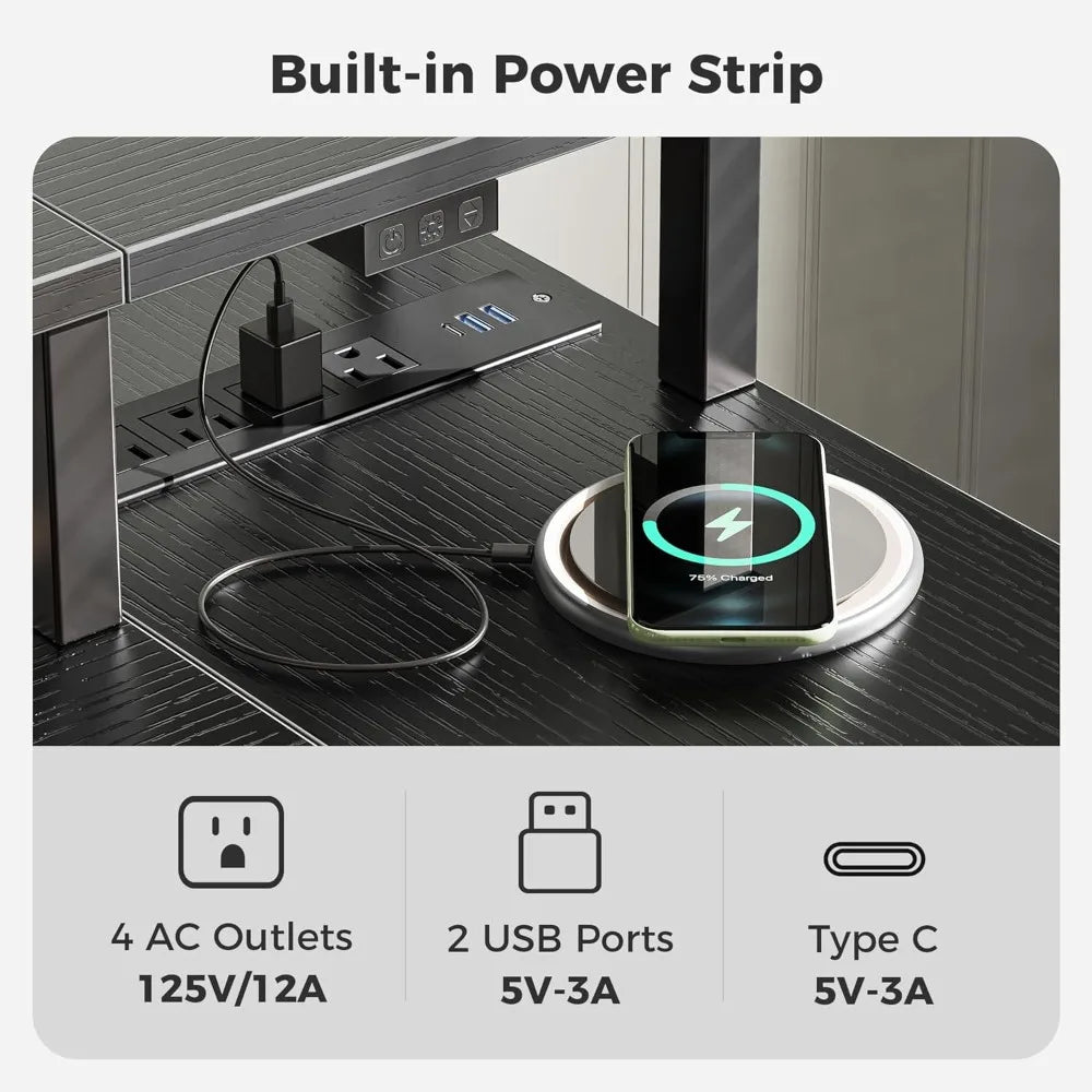 L Shaped Desk with LED Lights Power Outlets Monitor Stand Gaming Desk