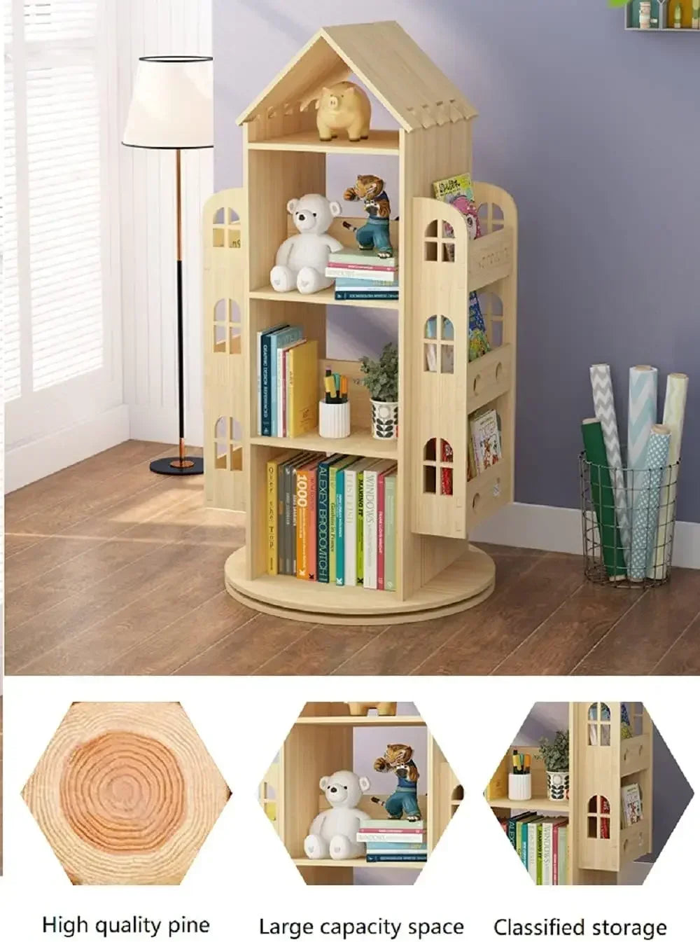 Rotating Bookshelf 360 Display Wooden Bookcase Storage Rack Kids Organizer
