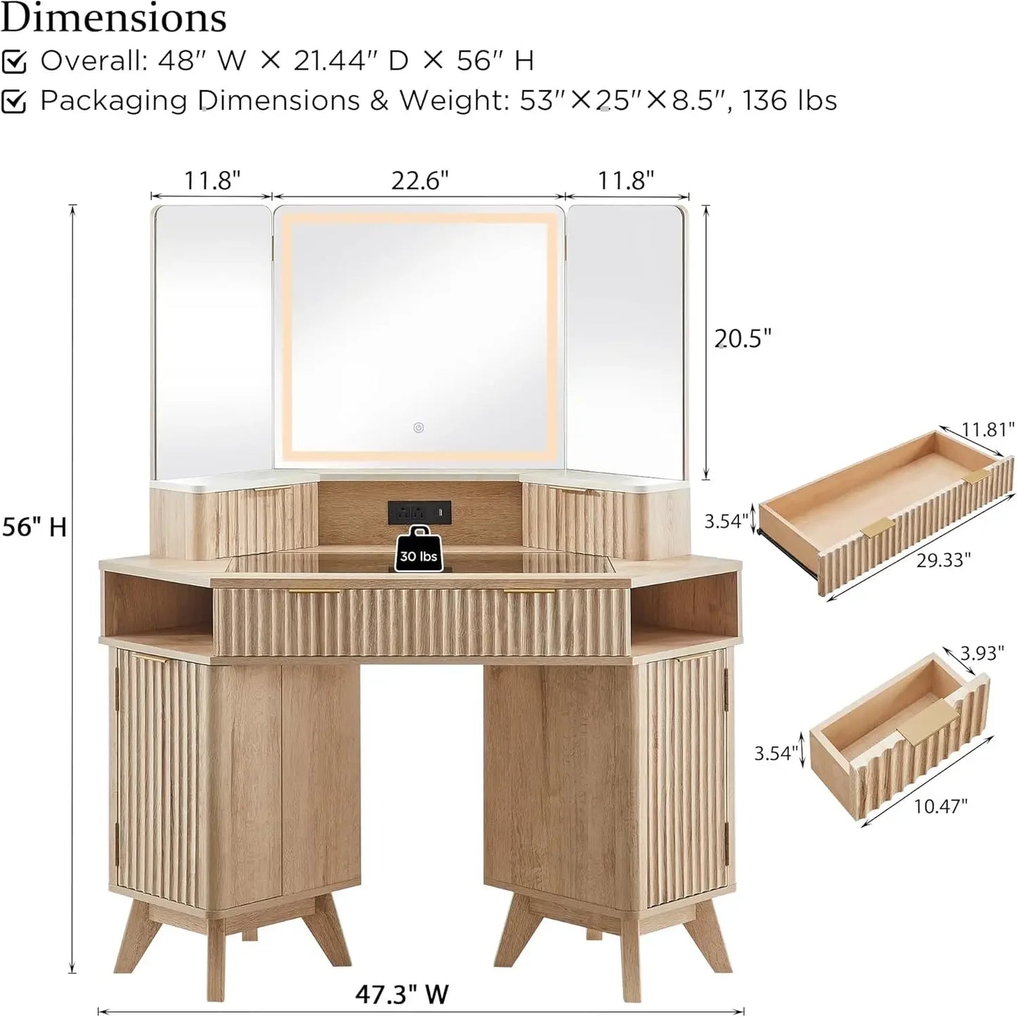 Fluted Makeup Vanity Desk with 3 Way Mirror and Lights 48 Inch