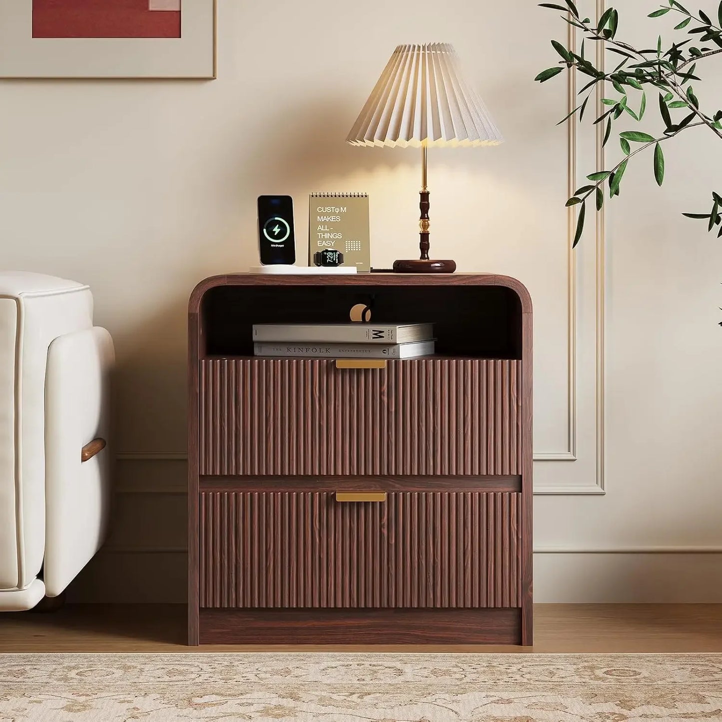 24 Inch Fluted Nightstand with Charging Station and 2 Drawers Storage