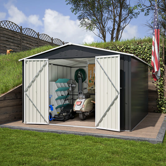 Ljustra Outdoor Storage Shed 10x10 FT Metal Tool Storage Lockable Doors