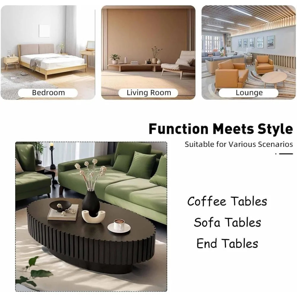 Modern Oval Coffee Table Handcrafted Drum Fluted Center Table