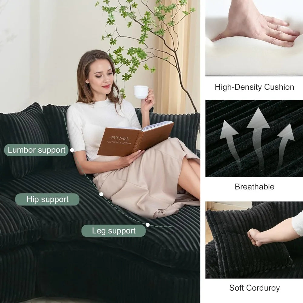 Ljustra Modern Curved L-Shaped 127'' Cloud Corduroy Sofa with Deep Cushions and Metal Frame