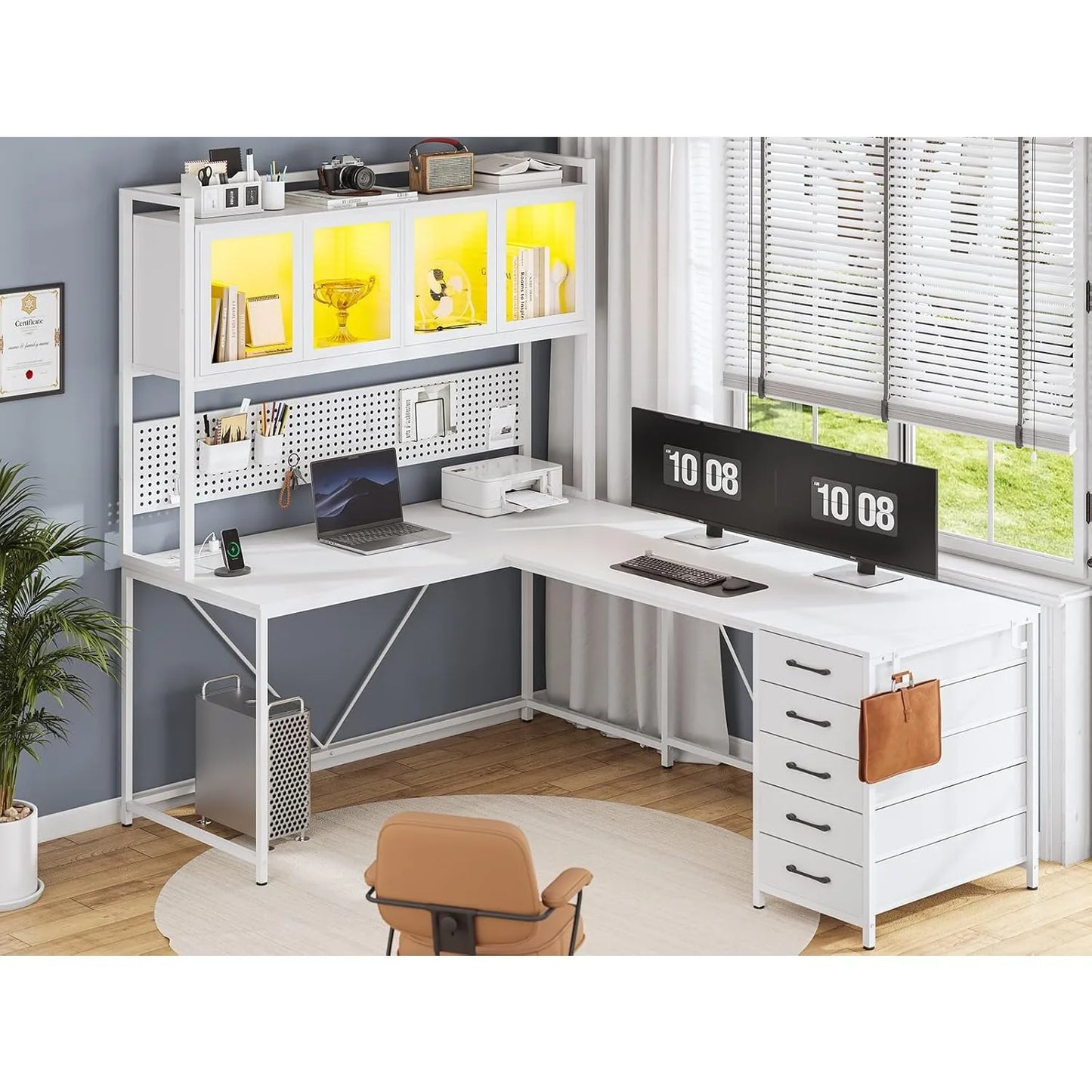 L Shaped Gaming Desk with Drawers Pegboard LED Lights Power Outlet